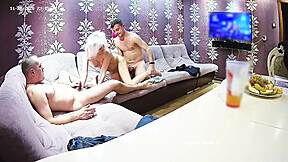petite silver hair milf milly joins two guys for evening fun in homemade mmf threesome