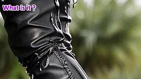 Blonde cougar dominates in leather boots and gloves outdoors