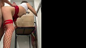 This cute Mexican teen model sneaks into the bathroom to fuck her boss under the miniskirt