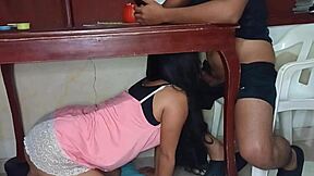 the latina teen 18+ hides under the table giving a homemade blowjob to her lover
