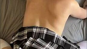 Real community college girl Aleena Che gets bent over, spanked, and fucked in tight pussy action. Teasing leads to intense POV riding.