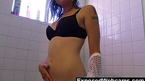 Alternative girlfriend strips down in the bathroom. she teases with her shaved pink pussy and small tits.