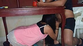 the latina teen 18+ hides under the table giving a homemade blowjob to her lover
