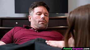 A cute teen 18+ approaches her NOT BIOLOGICAL FATHER in the bedroom for deepthroat action.