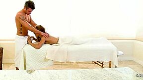 this sweet blonde curly hair girl 18 with hairy pussy and long labia gets seduced to fuck by masseur at massage parlour