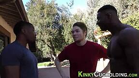 Young teen experiences her first interracial cuckold adventure outdoors with an older guy humiliating her partner