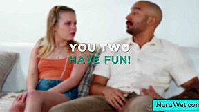 The petite busty blonde teen masseuse Coco Lovelock offers a soothing wet nuru massage to her client Oliver Davis. She focuses on relaxation techniques throughout the session.