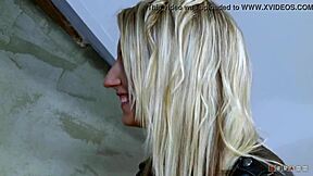 after the amazing sex, the petite blonde licks off his cum in a close-up scene