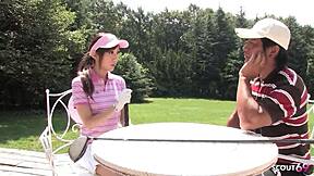 skinny japanese teen 18+ gives uncensored risky public blowjob to older guy at golf lesson