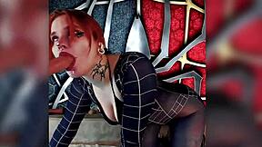 Beautiful red-haired cosplayer with huge natural tits and glasses moans in solo masturbation using dildo and vibrator for sensual orgasm with dirty talk