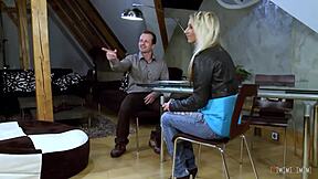 after the amazing sex, the petite blonde licks off his cum in a close-up scene