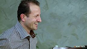 after the amazing sex, the petite blonde licks off his cum in a close-up scene