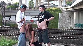 Alexis crystal takes facial cum in public sex threesome gangbang orgy with two teen guys