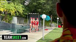 spring break lifeguards shift from cpr training to wild reverse gangbang orgy with shaved puffy pussies and spanking