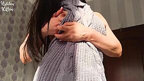 cute girl in sexy sweater gets creampie in homemade video.