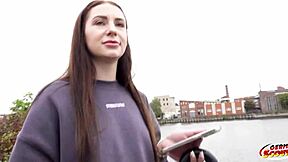 German scout picks up skinny 18 year old teen Emma Evans with small tits and long labia. He talks her into rough doggystyle fuck and facial cumshot in casting.