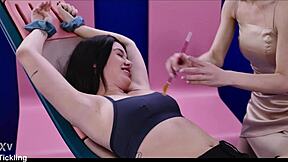 so this cute brunette brill angel gets all tied up for some intense feather tickling on her feet. petite 18+ nata gold joins in, making her squirm and moan like crazy.