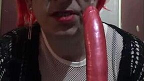 Amateur bisexual crossdresser fucks dildo on stick in stockings then sucks it clean ass to mouth