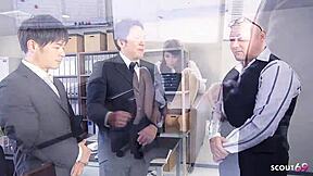 japanese teen 18+ gets picked up by three old guys for multiple creampie group sex. she rides cowgirl and doggystyle in uncensored japan porn with hairy pussy.