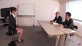 How could this Asian secretary get tricked into double creampie in MMF 3some by older boss in Japan office!