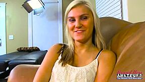 Blonde hotties Bailey and Olyssia start by sucking each other's pussies in lesbian action. Then they ride a cock with double blowjob until facial cumshot.