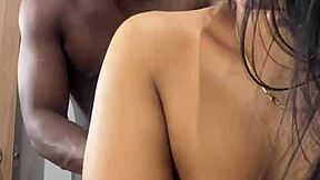 Oh yeah, this cute girl takes her friend's cock deep in the restaurant bathroom