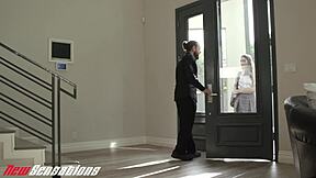 New Sensations shows professor blasting cum on skinny student Sera Ryder's hairy beaver in classroom.