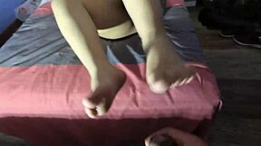 chubby bbw wife bound in homemade bdsm gives footjob until cum covers feet as moisturizer
