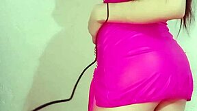 Check out this horny big tits Latina teen in pink dress masturbating solo with squirting orgasm in POV.