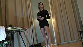 Wow, sexy college girl strips at casting, flashing panties and ass in a hot dress!