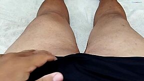 Girlfriend masturbates tight smooth pussy exciting him to cum