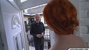 Grandpa fucks his daughter in law with rough pounding in bedroom while she moans loudly