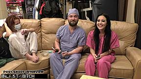 Become a nurse like Blaire Celeste and get blasted with jizz in this behind-the-scenes hospital scene with deepthroat, gloves, and shaved pussy action