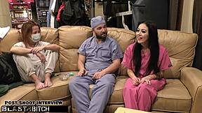 Become a nurse like Blaire Celeste and get blasted with jizz in this behind-the-scenes hospital scene with deepthroat, gloves, and shaved pussy action