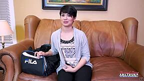 Skinny brunette hottie Jae Scott rides big cock in deep positions with cumshot and facial