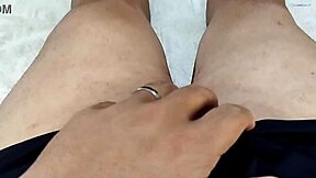 Girlfriend masturbates tight smooth pussy exciting him to cum