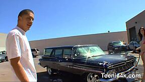 Curvy teen 18+ at carwash hints at sucking fat cock for creamy pussy fuck