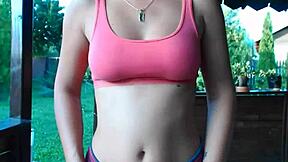 teen strips outdoor showing camel toe in ripped clothes with toes exposed