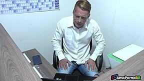 Blonde Brazilian teen in lingerie gets fucked by big cock while her skinny small tits wife watches in cuckold taboo.