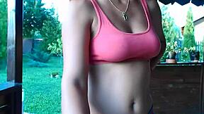 teen strips outdoor showing camel toe in ripped clothes with toes exposed