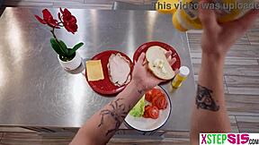 Horny stepsister flashes and fucks in front of stepbro.