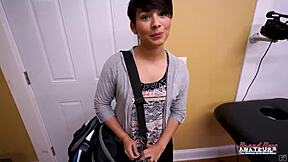 brunette hottie jae scott gives interracial pov blowjob then gets shaved wet pussy pounded doggystyle