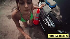 Blonde Naughty Teen 18+ JC Wilds Boldly Gives Tug and Suck to Huge Cock at Outdoor Car Wash Fundraiser with Johnny Love.