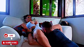 black goth cougar with tan lines gets blackmailed into flashing balloon belly and gaping asshole in swingers group on sofa