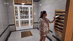 my stepmoms adventure in the elevator involves flashing big tits and public blowjob with cumshot