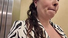 my stepmoms adventure in the elevator involves flashing big tits and public blowjob with cumshot