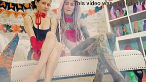 hey, check out anuskatzz and stacy bloom going wild with atm lesbian licking and big dildo in halloween play 😈🍑