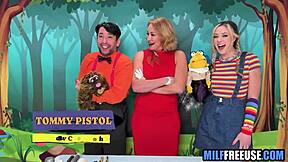 Blonde Milf and Teen 18+ Engage in Deepthroat Blowjob and FFM Group Fucking on Sesame Street Movie Set