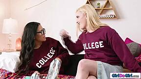 Ever thought about diving into a steamy threesome with your Asian and blonde stepmoms? Watch them explore lesbian licking and fingering in college dorm fun.
