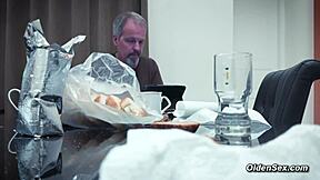 Teen fingers herself then gives blowjob and fucks stepdad in kitchen roleplay.